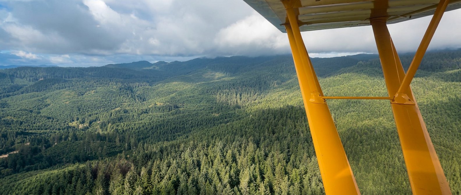Across the Coast Range — forested ridges meet the low clouds.