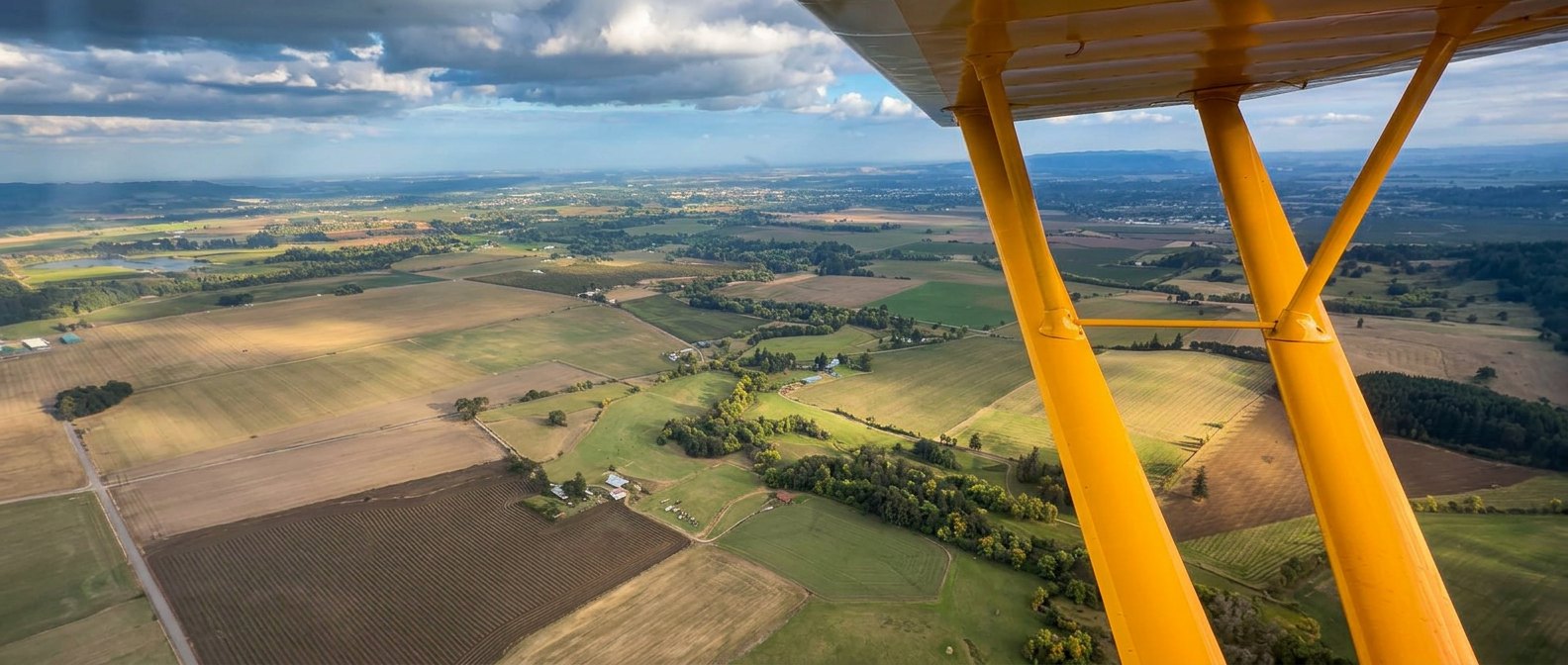 Farmland beneath the yellow wing on leaving home