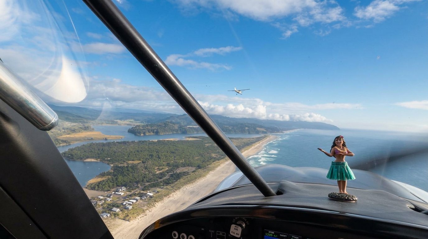 The coast through the windshield — water, forest and sky share the view.