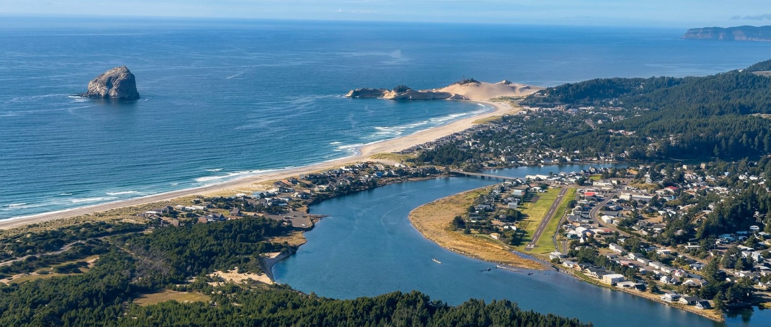Pacific City from above — beach, inlet and runway in one remarkable setting.