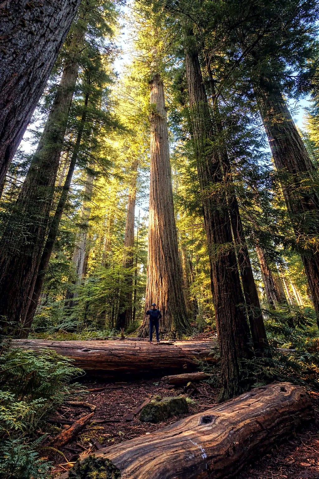 A guest standing beneath immense old-growth redwoods in Jedediah Smith Redwoods State Park
